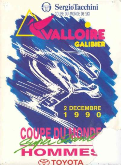 Affiche pour le Super G du 2 dcembre 1990 (comptition sur la piste des Marmottes), remport par le francais Franck Piccard